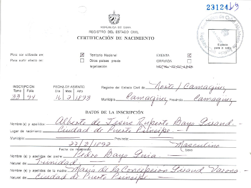 Copia de la certificación de nacimiento de Alberto Bayo. En otras publicaciones hablan de que el padre es natural de España, aunque en esta inscripción señalan que es oriundo de Trinidad.De lo que no hay dudas es de que el hombre que entrenó a los expedicionarios del Granma, nació en nuestra provincia. Fotocopia de Alejandro Bonet/Adelante