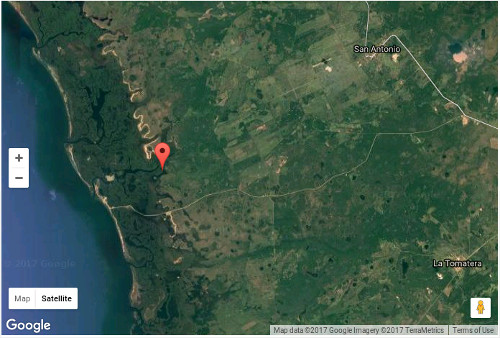 El punto rojo señala donde comienza el río Mala Fama. Mapa data: Google