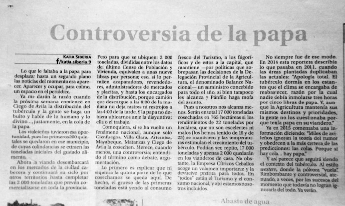 Comentario publicado en el periódico Invasor de Ciego de Ávila sobre el inicio de la cosecha de papa. Fotocopia: Otilio Rivero Delgado/Adelante