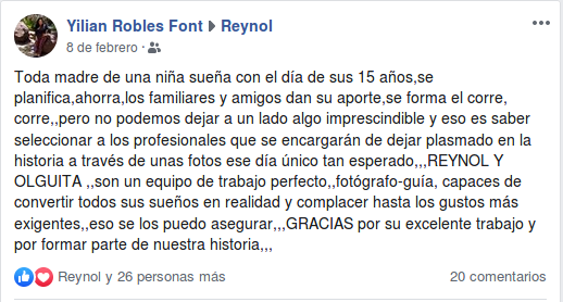 La cliente Yilian Robles Font agradece la profesionalidad del fotógrafo y todo el equipo de trabajo. Foto: Tomada del perfil en Facebook de Reynol Sánchez Arcas.