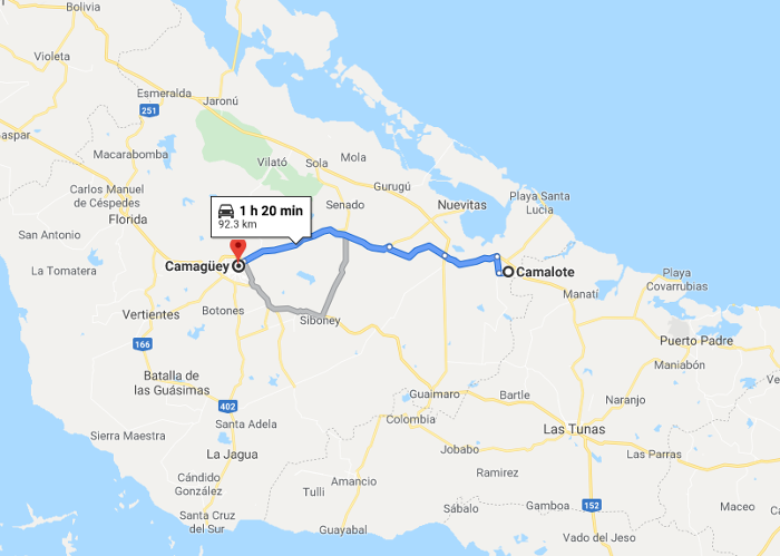 El recorrido de Camagüey a Camalote es de 1 hora y 43 minutos a una distancia de 117.3 kilómetros.