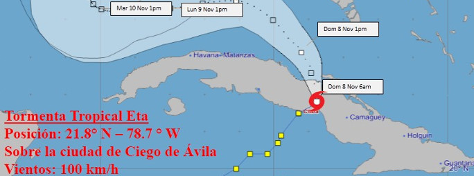 Eta se traslada por mares al norte de región central cubana