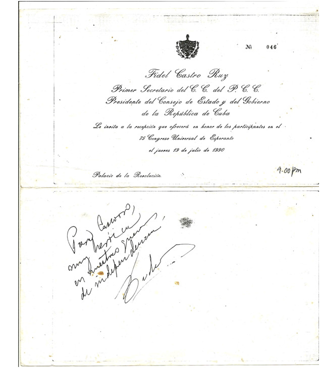 Dedicatoria de Fidel Castro a Cascorro en tarjeta de 1990.