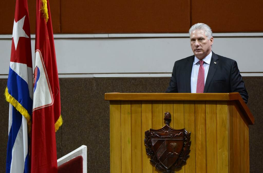 Miguel Díaz-Canel Bermúdez, Presidente de la República, como Primer Secretario del Comité Central del Partido Comunista de Cuba (CC PCC), interviene en la Sesión de Clausura del VIII Congreso del PCC, en el Palacio de Convenciones, en La Habana, el 19 de abril de 2021.
