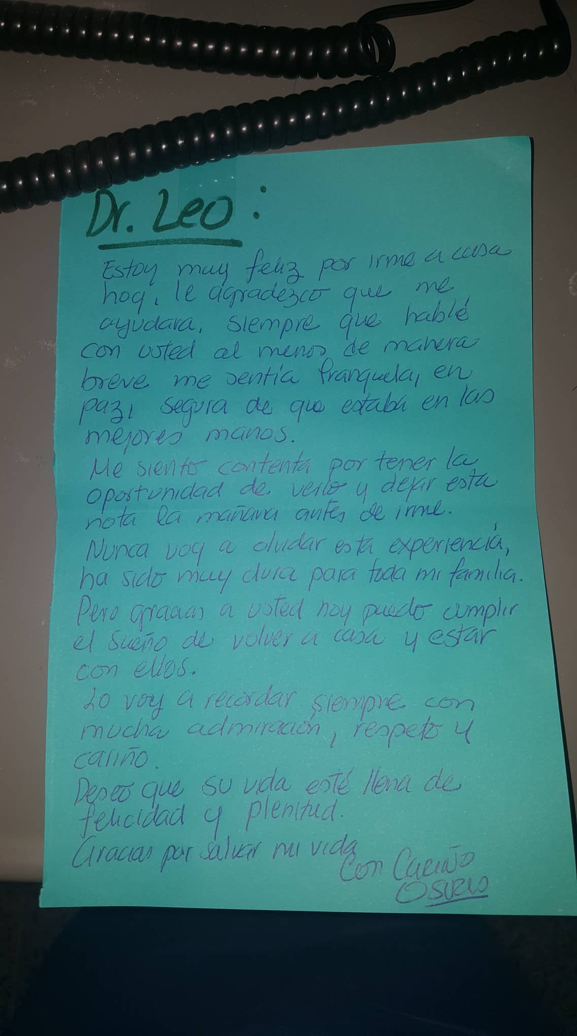 Texto de Osiris de su puño y letra cuando se despedía dada de alta y de regreso a casa. 