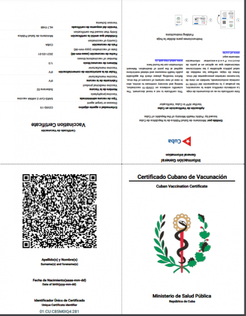 Certificado Digital de Vacunación de Cuba (formato impreso)