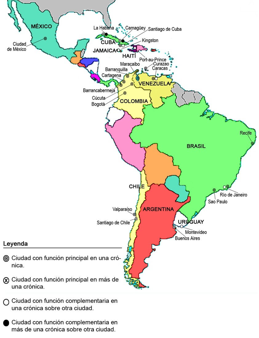 El tema de la ciudad latinoamericana y caribeña cumple una función central en 28 crónicas de Nicolás Guillén, acerca de 21 ciudades localizadas en Cuba, México, Venezuela, Argentina, Brasil, Colombia, Chile, Uruguay, Haití, Curazao y Jamaica.