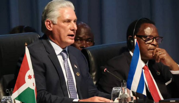 Presidente de la República de Cuba, Miguel Díaz-Canel Bermúdez, su intervención durante la sesión de este jueves, la última, de la XV Cumbre de los BRICS. Foto: @PresidenciaCuba/Twitter(X). El momento de la acción colectiva es ahora