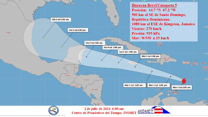 Beryl continua moviéndose como huracán de gran intensidad sobre el mar Caribe central, acercándose a Jamaica el miércoles. Se mantiene una estrecha vigilancia de este organismo ciclónico tropical debido a su evolución y futura trayectoria. Imagen: Tomada de insmet.cu Cuatro fallecidos al paso de Beryl por Caribe oriental