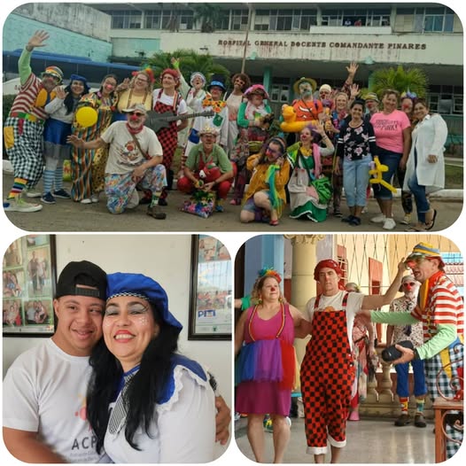 Florecita y Cebollita junto a payasos y voluntarios de distintos países durante las jornadas de la Fundación Gesundheit en hospitales habaneros.